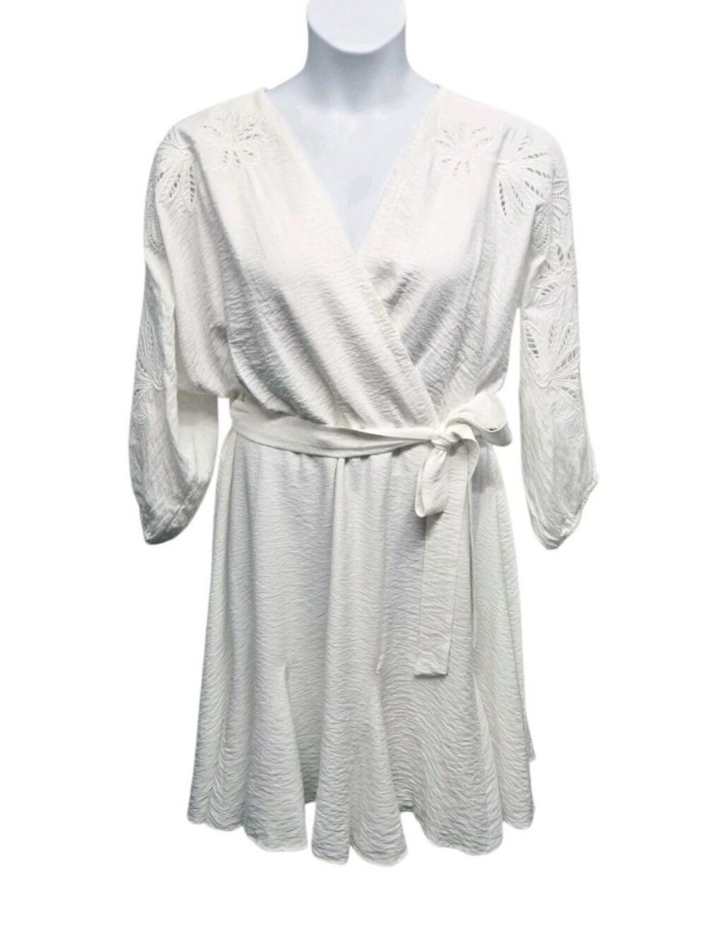 DKNY  Womens 16 White Embroidered Belted Faux Wrap Dress  Classic